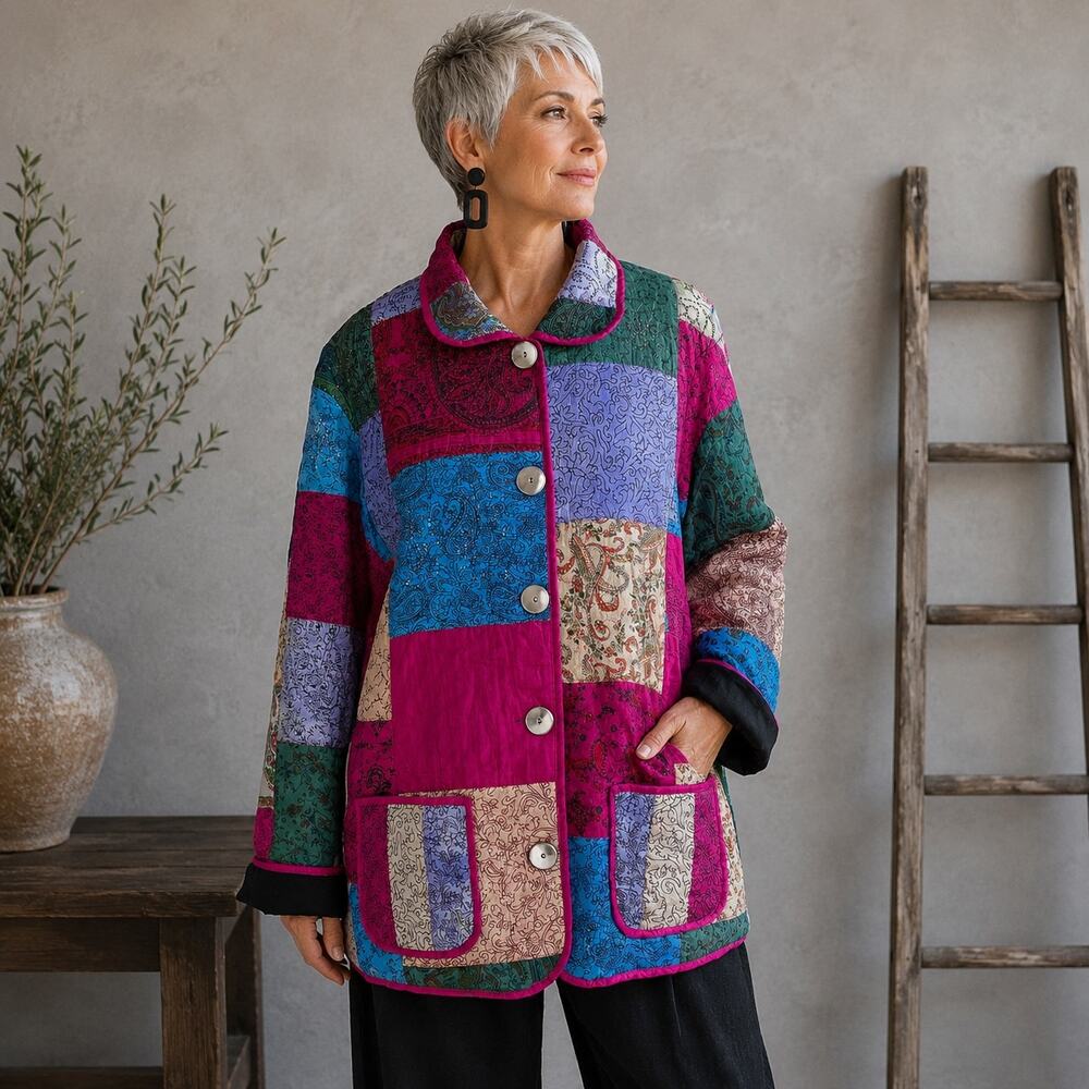 Vintage Tantrums Collections Multicolor Silk Quilted Coat XL
